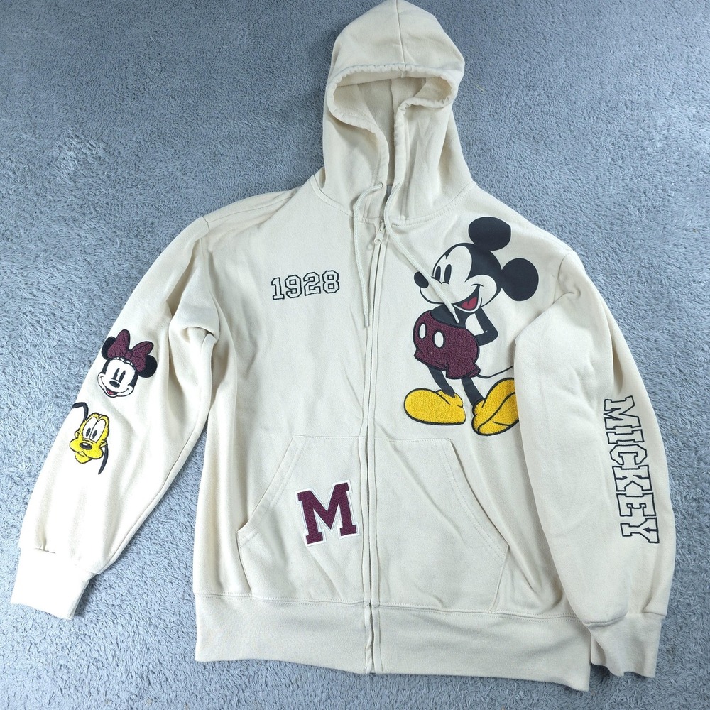 Disney Mickey Mouse Hoodie Mens Medium White Full Zip Fleece Graphic Sweatshirt